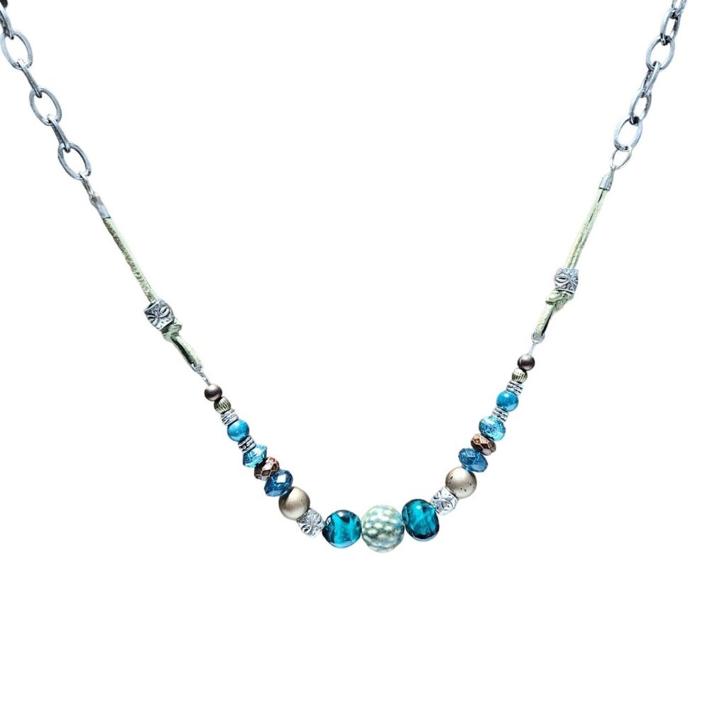 Elegant Blue Beaded Silver Tone Chain Charm Necklace Fashion Jewelry Women